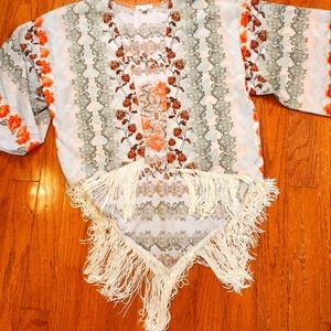 Coco &Jameson Artisan Boho Orange Cream Open Fringe Kimono, Large